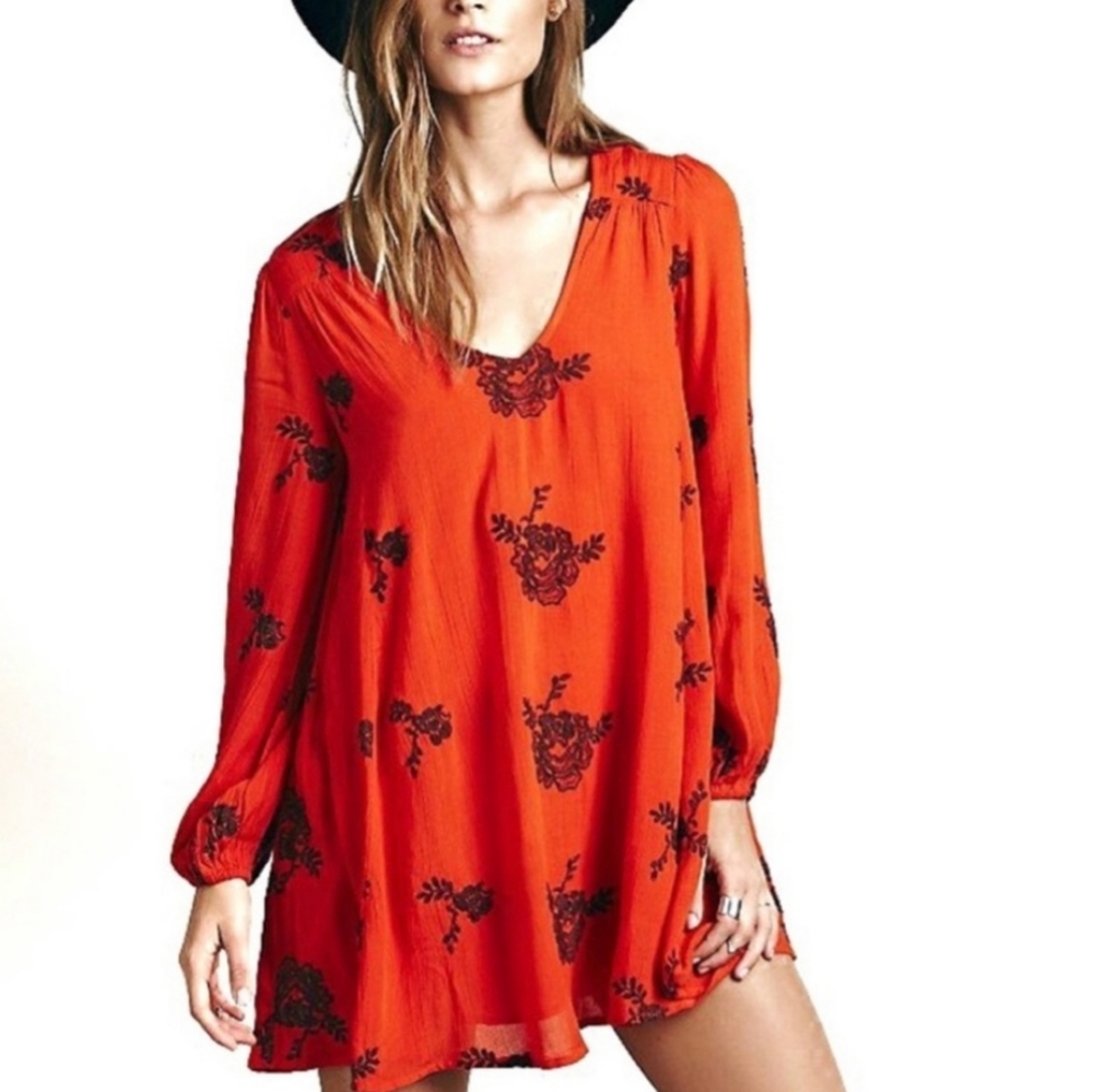 Free People Orange Emma Short Boho Long Sleeve Embroidered Dress XS